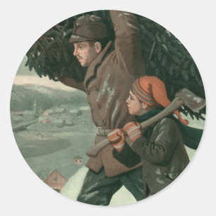 Sticker Rond Noël vintage, père et fils coupent un arbre