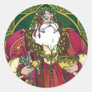 Sticker Rond Noël Vintage, Père Noël avec Feuilles Holly
