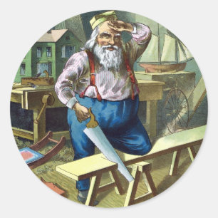 Sticker Rond Noël vintage, Père Noël construisant des jouets à 
