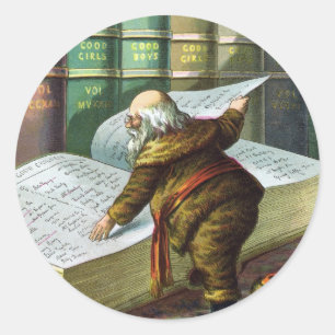 Sticker Rond Noël vintage, Père Noël Liste des gentils et des m