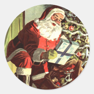 Sticker Rond Noël vintage, Père Noël rétro avec cadeaux