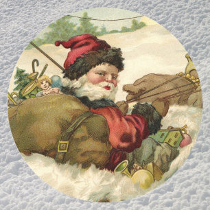 Sticker Rond Noël vintage, Père Noël victorien à Sleigh