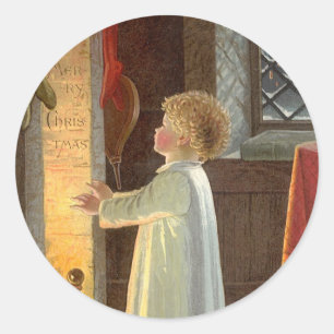 Sticker Rond Noël vintage, Réchauffement des enfants près de la