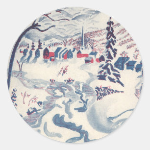 Sticker Rond Noël Vintage, Village d'hiver Neige