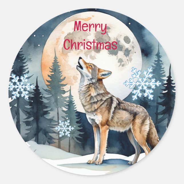 Sticker Rond Noël, Wolf d'hiver Forêt de neige Nature (Devant)