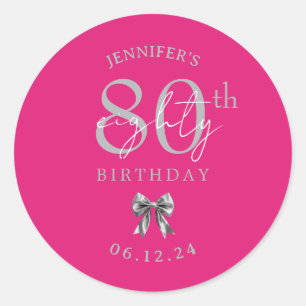 Sticker Rond Nœud Coquette Argent Fête 80e Anniversaire Rose Ch