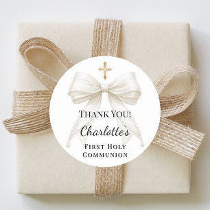 Sticker Rond Nœud de première communion perles ivoire croix mer