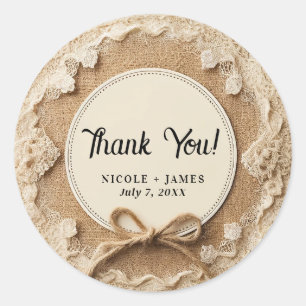 Sticker Rond Nœud en ficelle et dentelle de jute Mariage rustiq