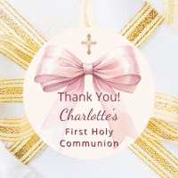Nœud rose de première communion croix ivoire merci