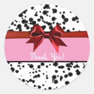 Sticker Rond Nœud Rouge Rose Taches Dalmatiennes Noires Fête d'