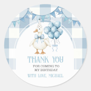 Sticker Rond Nœud Une Oie Idiote 1er Anniversaire Gingham Bleu