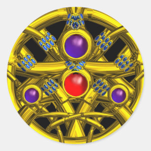 STICKER ROND NOEUDS CELTIQUES D'OR ABSTRAITS AVEC PIERRES COLOR