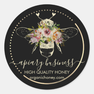 Sticker Rond Noir Apiary Honey Coeurs d'abeilles