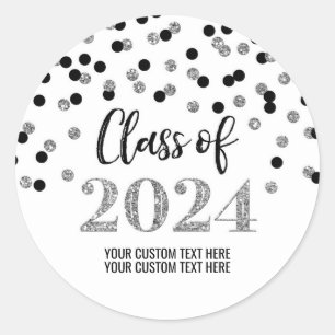 Sticker Rond Noir Argent Confetti Graduation 2024