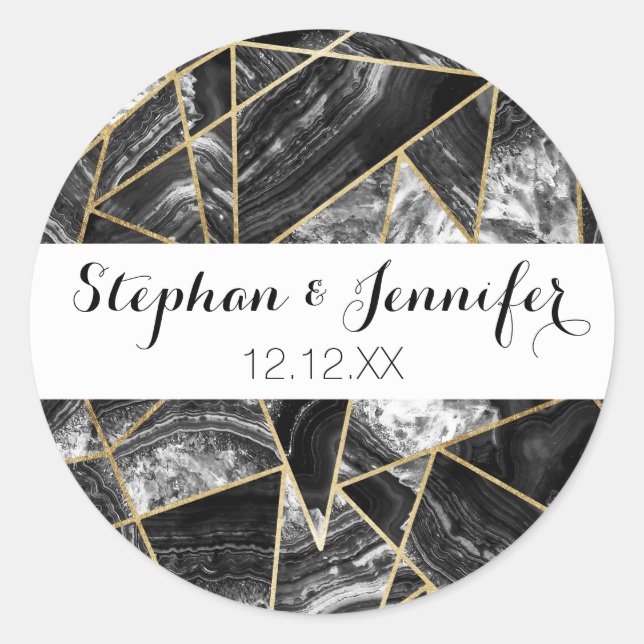 Sticker Rond Noir Blanc Agate Noir Or Triangles géométriques (Devant)