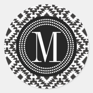 Sticker Rond Noir & Blanc Chic Aztec Tribal Monogramme