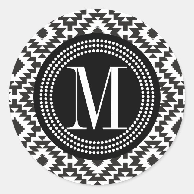 Sticker Rond Noir & Blanc Chic Aztec Tribal Monogramme (Devant)