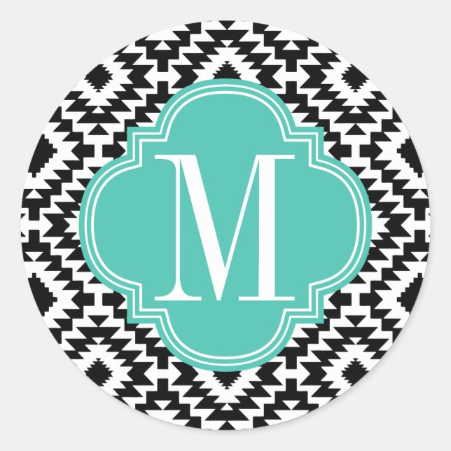 Sticker Rond Noir & Blanc Chic Aztec Tribal Monogramme (Devant)