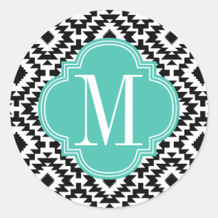 Sticker Rond Noir & Blanc Chic Aztec Tribal Monogramme