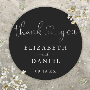Sticker Rond Noir Blanc Coeur Script Merci Mariage Faveur