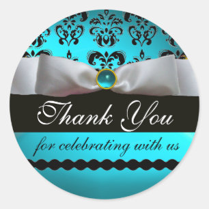 Sticker Rond NOIR & BLANC DAMASK RIBBON BLUE GEM Merci