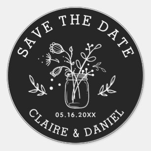Sticker Rond Noir & Blanc Enregistrer la date Mason Fleurs Jar