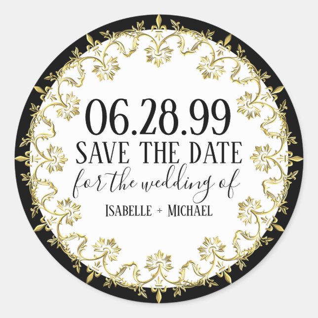 Sticker Rond Noir, blanc et orÉlégant Enregistrer la date (Devant)