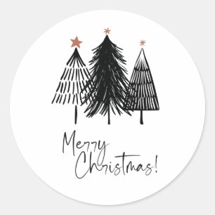 Sticker Rond Noir Blanc Joyeux Noël Arbres étoile
