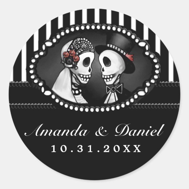 Sticker Rond Noir Blanc Mariage Skeletons Noms de bandes Arrond (Devant)