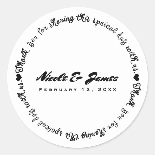 Sticker Rond Noir & Blanc Moderne Chic Merci Mariage Faveur (Devant)