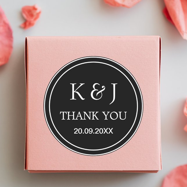 Sticker Rond Noir & Blanc Monogramme Merci Mariage Faveur (Créateur téléchargé)