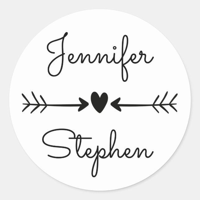 Sticker Rond Noir & Blanc Personnalisé Mariage Coeurs & Flèches (Devant)