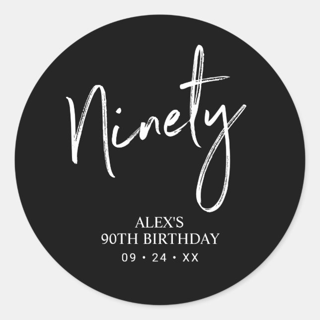 Sticker Rond Noir & Blanc Quatre-vingt-dix 90e fête d'anniversa (Devant)