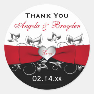 Sticker Rond Noir Blanc Rouge Floral Coeur Mariage Faveur Stick