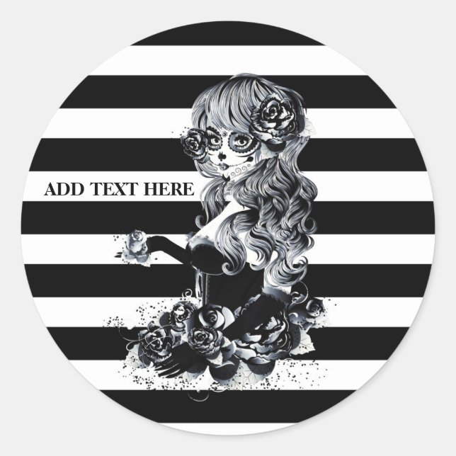 Sticker Rond Noir & Blanc Striped Joli Crâne de sucre fille (Devant)