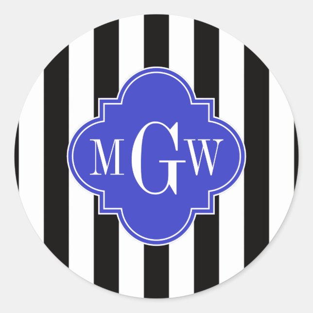 Sticker Rond Noir Blancs Cobalt Bleu Quatrefoil 3 Monogramme (Devant)