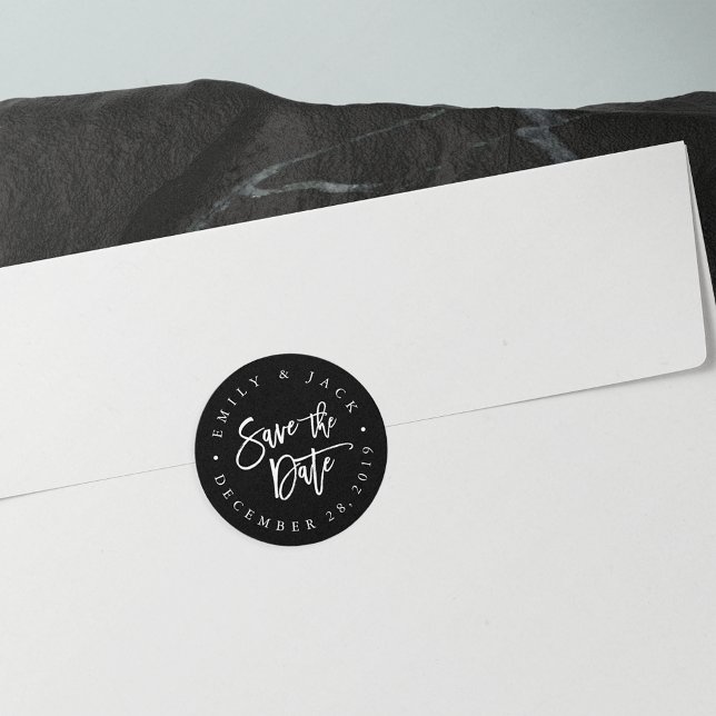 Sticker Rond Noir | Brosse moderne Lettrée Enregistrer la date (Créateur téléchargé)
