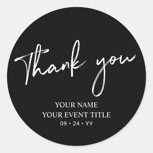 Sticker Rond Noir Brush Script Anniversaire Fête Merci Favorise (Devant)