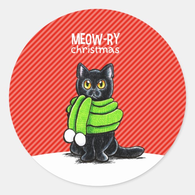 Sticker Rond Noir Chat Écarf Meow-ry Noël (Devant)