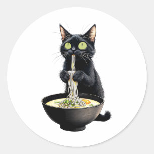 Sticker Rond Noir Chat Manger Ramen nouilles Japonais Nourritur