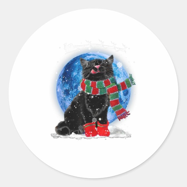 Sticker Rond Noir Chat Noël clair lune Bleu Hol (Devant)