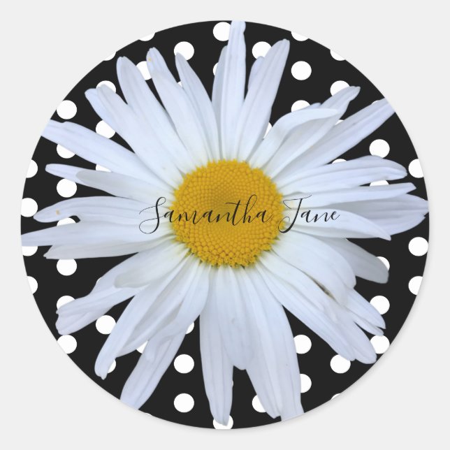 Sticker Rond Noir Chic Blanc Pois Daisy Personnalisé (Devant)