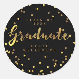 Sticker Rond Noir Classé Diplômé Faux Gold Foil Confetti