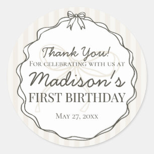 Sticker Rond Noir Coquette Bow Beige rayé Anniversaire Favorise