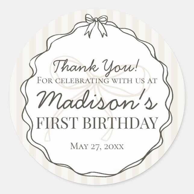 Sticker Rond Noir Coquette Bow Beige rayé Anniversaire Favorise (Devant)