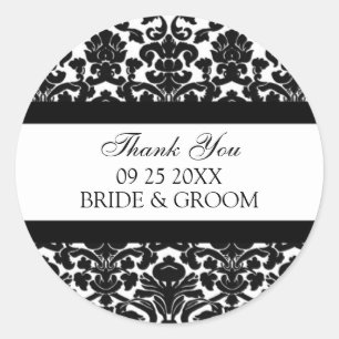 Sticker Rond Noir Damask Merci Wedding Favor Tags