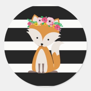 Sticker Rond Noir de Fox de Boho + Baby shower blanc de rayure