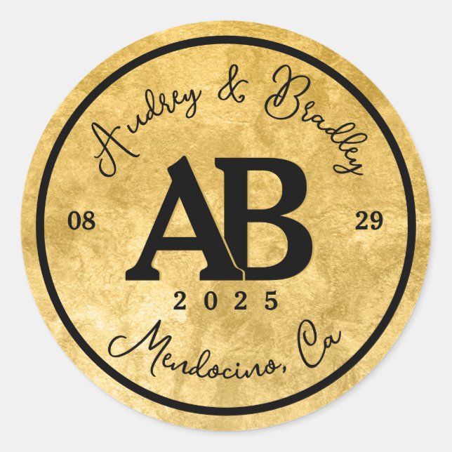 Sticker Rond Noir d'or 2 lettre Mariage Monogramme (Devant)