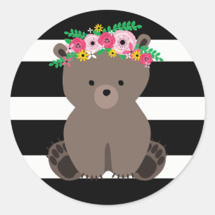 Sticker Rond Noir d'ours de Boho + Baby shower blanc de rayure