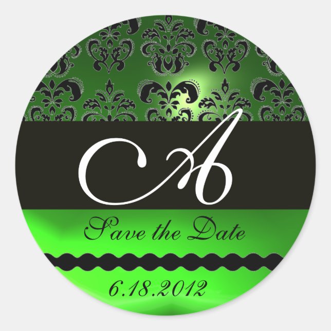 Sticker Rond NOIR EMERALD VERT DAMASK MONOGRAM, Enregistrer la  (Devant)